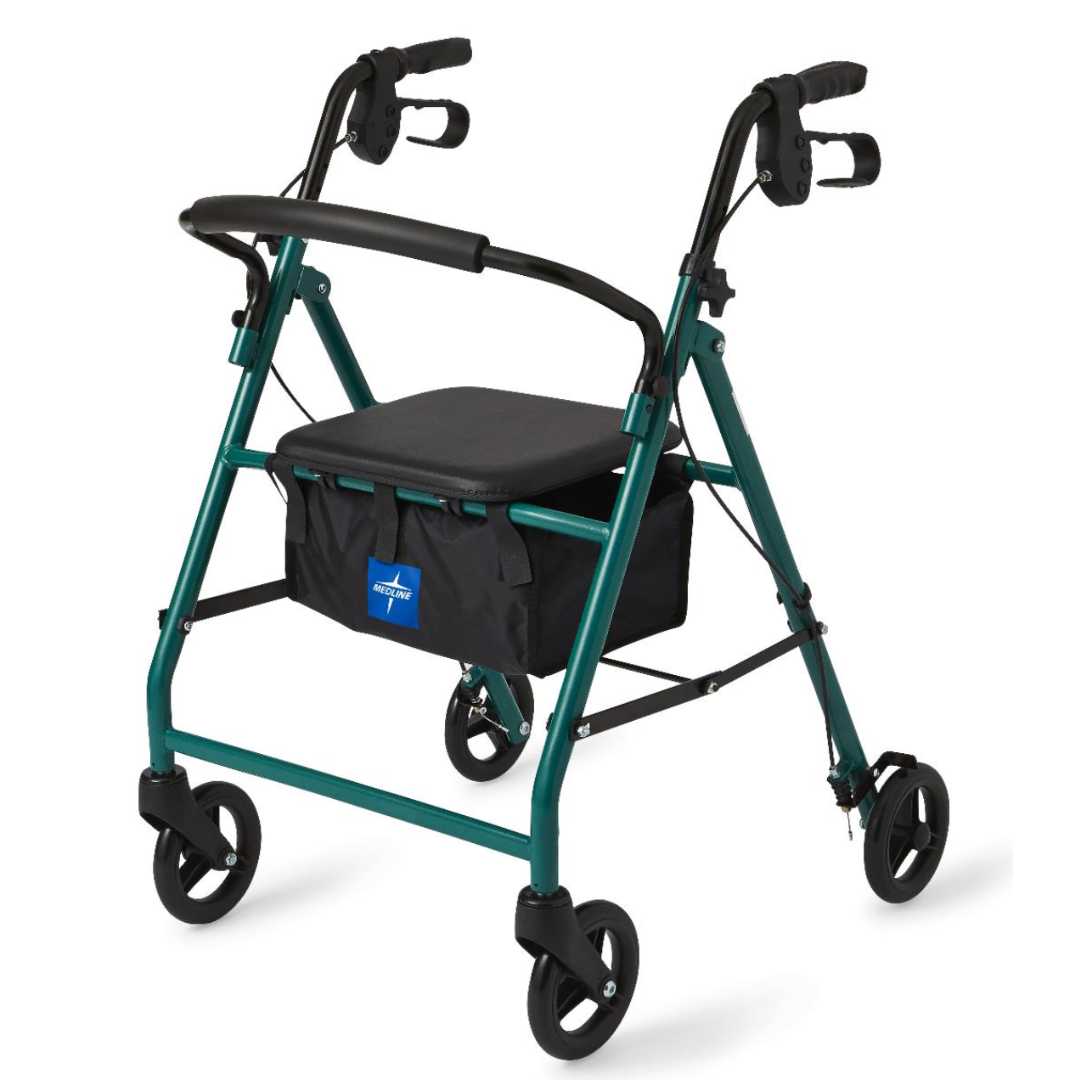 The Medline Basic Lightweight Steel Folding Rollator features green mobility with a black seat and storage pouch. Its a lightweight, height-adjustable walker with four wheels, hand brakes, and ergonomic handles for stability and support.